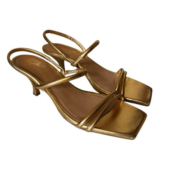 Seychelles NEW Banks Sandals Metallic Gold 9.5 M Leather Square Toe Formal Hoco - Picture 1 of 9